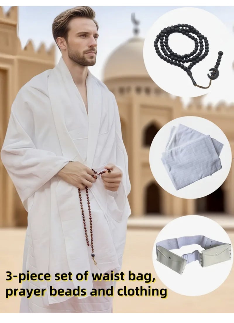 مجموعة قبلة للرجال المسلمين 4 قطع - منشفة الحج 2 قطع مع مسبحة وحقيبة خصر (400 جرام/قطعة) - Image 1